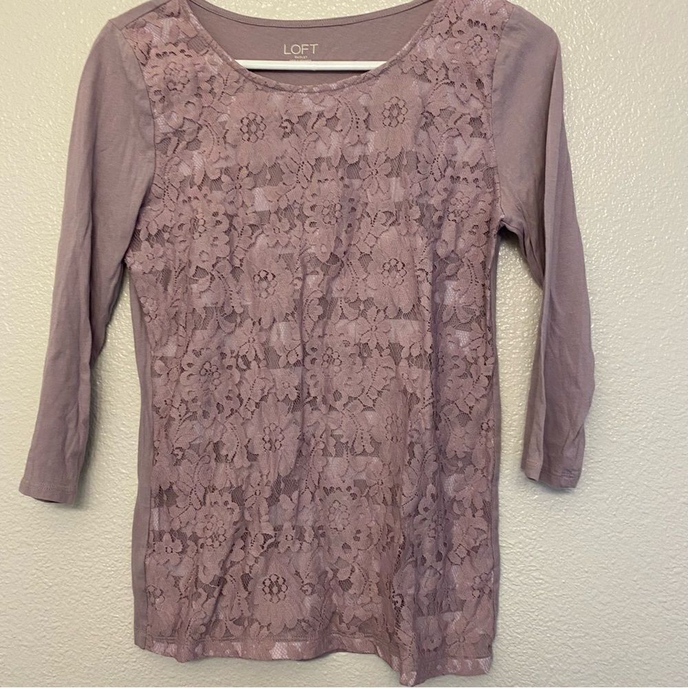 LOFT lavender purple lace 3/4 sleeve crew neck blouse top cotton casual  S